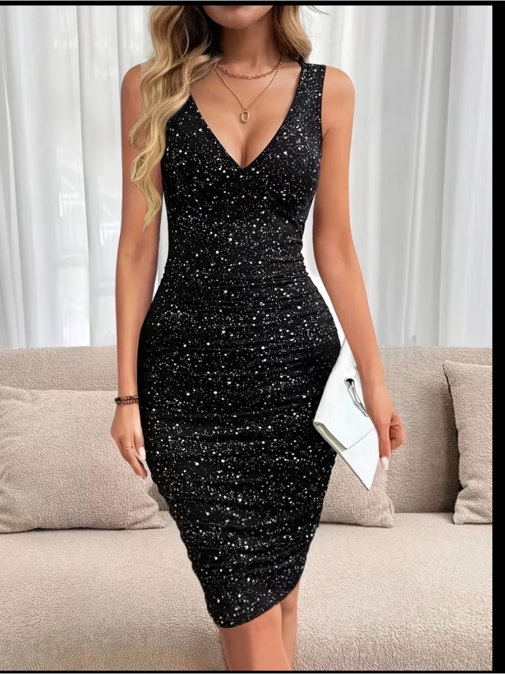 Black Sparkle V-Neck Bodycon Dress
